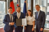 Aidan Tudehope (R), pictured at the awarding of the 2019 Western Sydney University cyber security scholarship